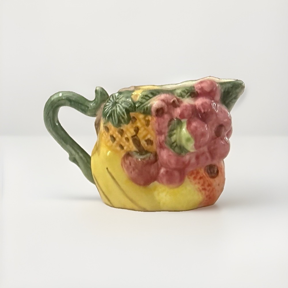 Vintage Dolomite Fruit Pattern Ceramic Creamer Pitcher Glossy Handle